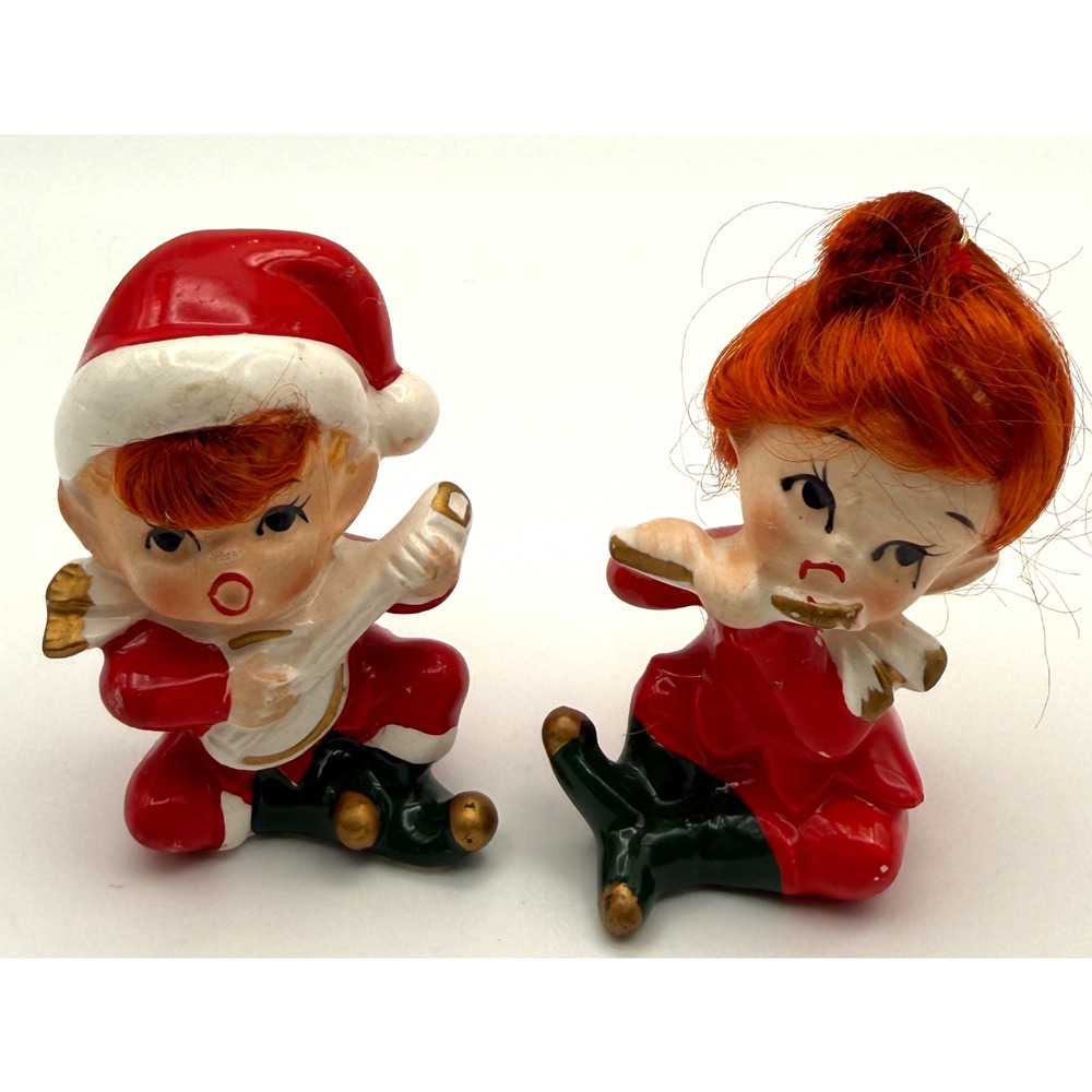 Set of 2 Vintage Napco Pixie Elf Caroler Figurines with Red Hair X-7590 Stickers